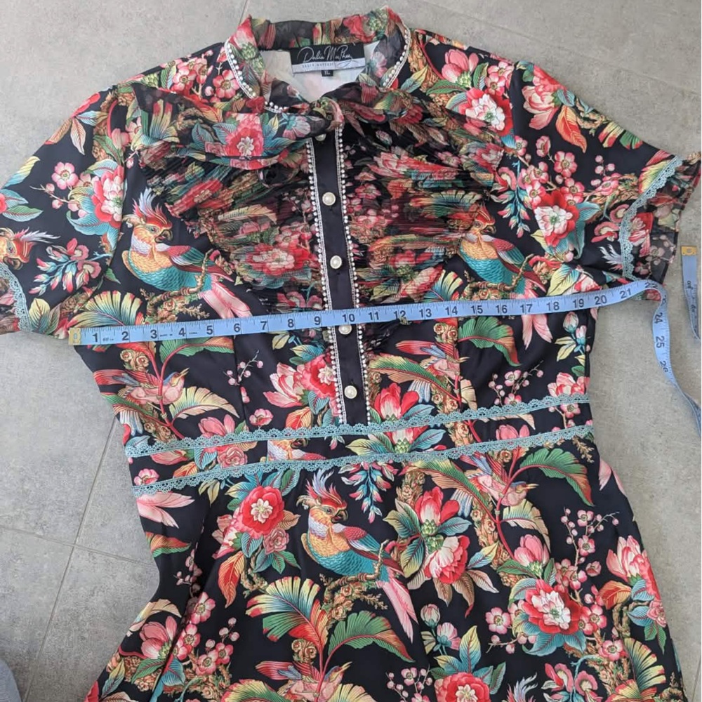 Dalia MacPhee Floral Dress XL Pleated Tie Neck Boho Romantic - Picture 9 of 13